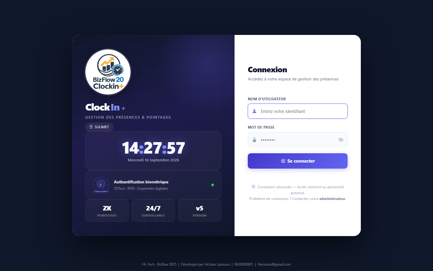 Page de connexion ClockIn+